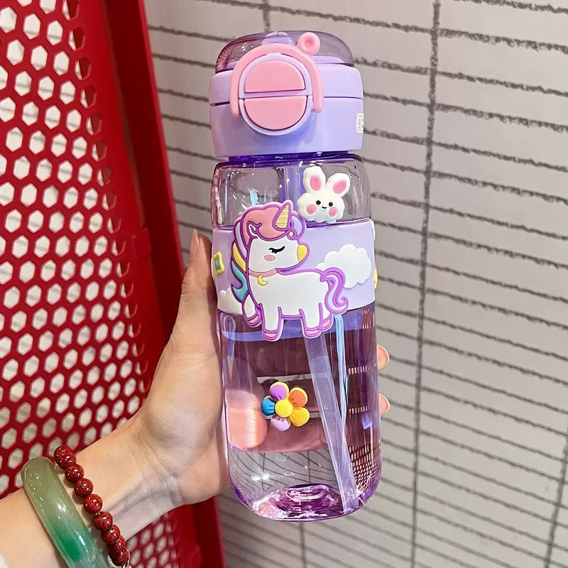 600ml School Girls Cute Water Bottle with Straw for Kids Chilrdren ...