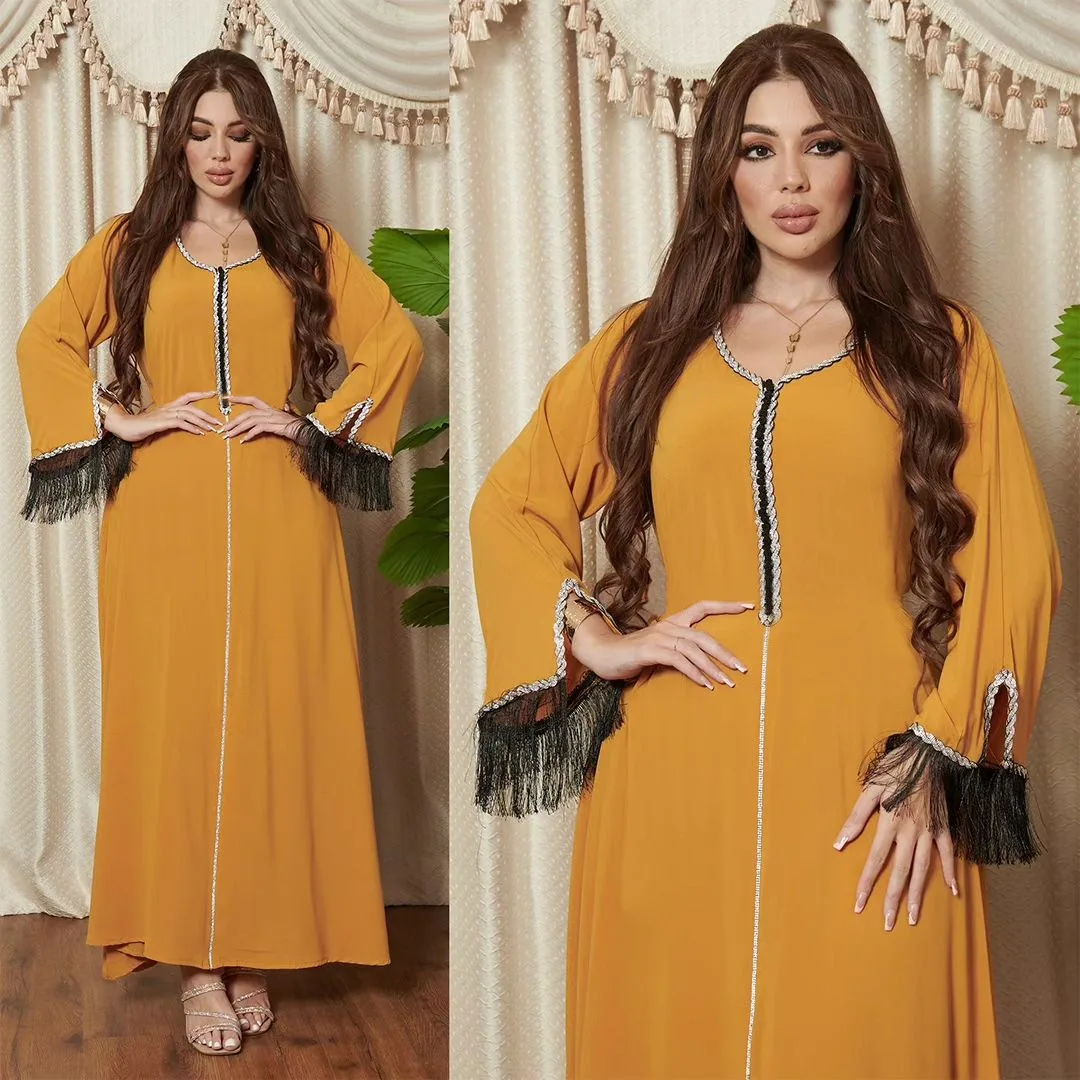 Jalabiya Abaya Dubai Women Elegant Arab Muslim Arabic Long Party Modest Dress Diamonds Tassels Saudi Moroccan Kaftan Robe Islam