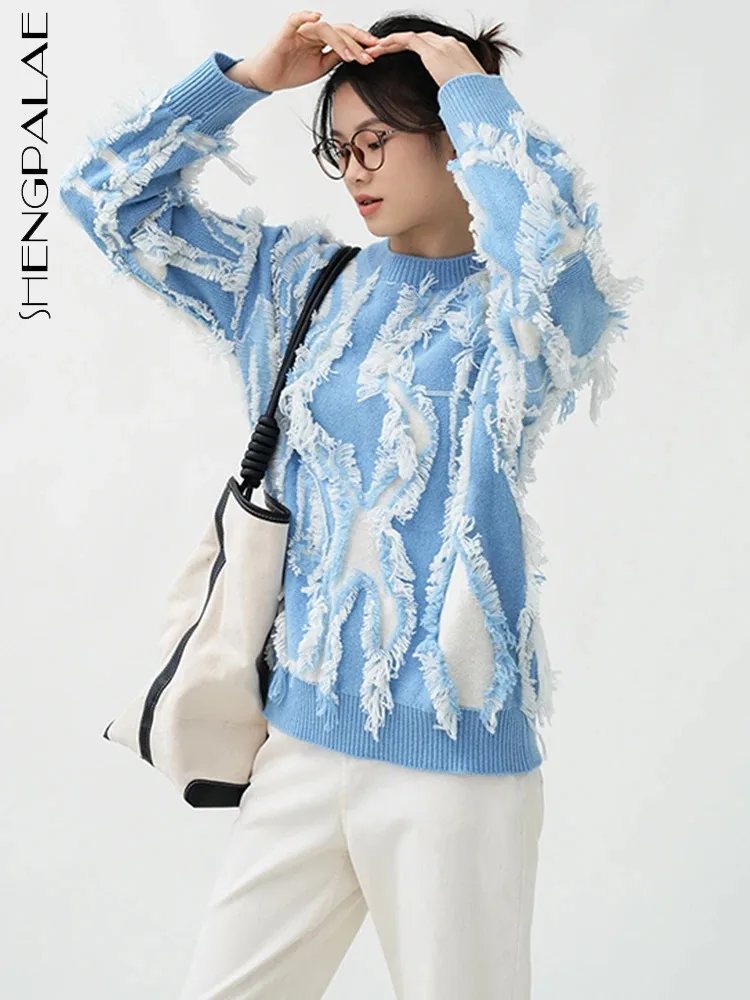 

SHENGPALAE Tassel Design Sweater For Women Autumn 2023 New Jacquard Contrast Color Round-neck Thicken Knitting Pullover 5R7341