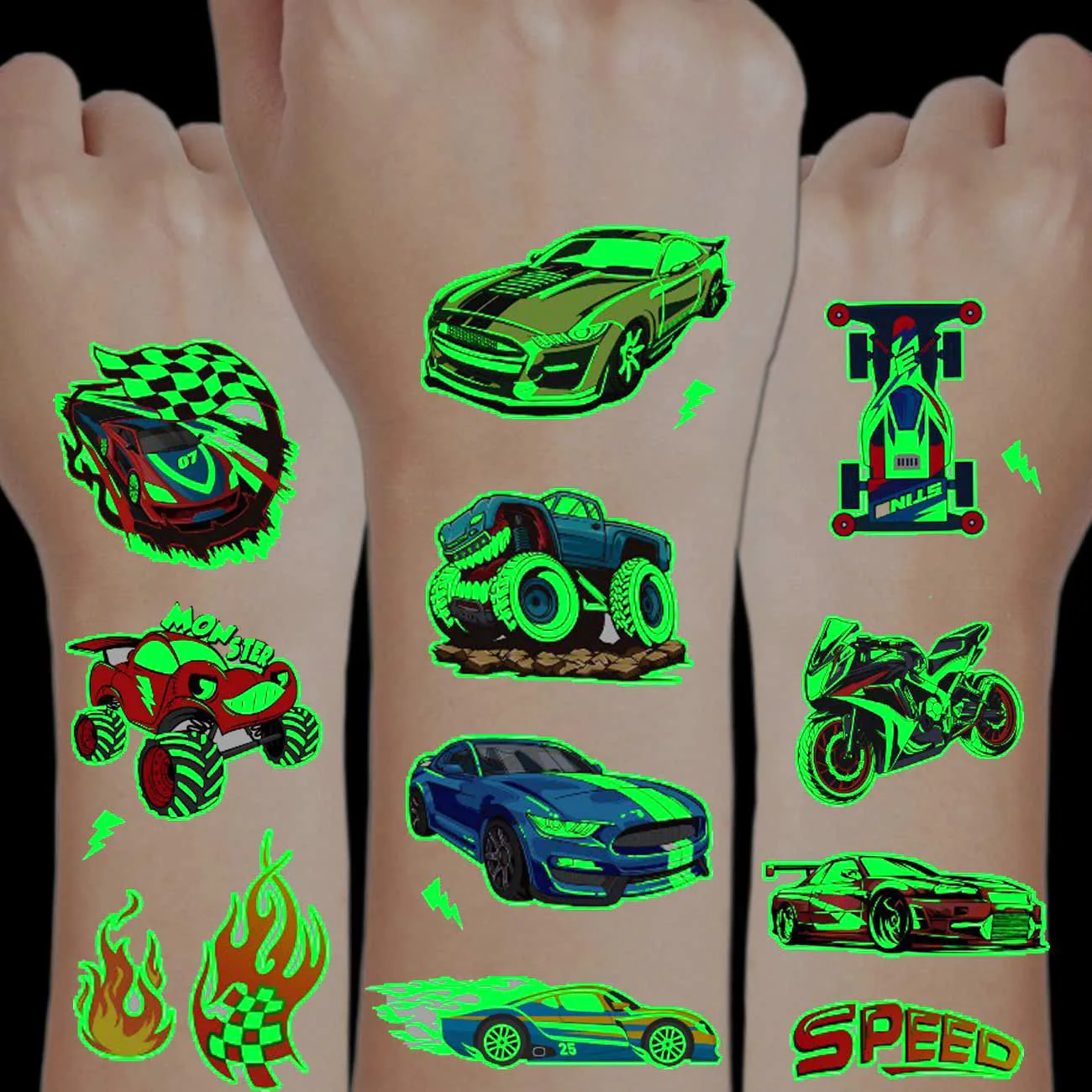 

12Pcs Race Car Tattoos Glow in The Dark RaceCar Temporary Tattoos Birthday Party Favors Goodie Bag Fillers Kids Boys Men