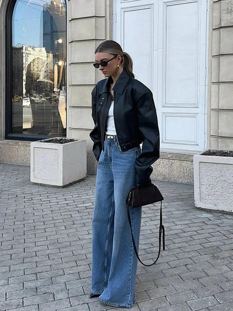 Casual Black Leather Full Sleeve Short Jacket Fashion Zipper Laple Double Pockets Coats New Female Spring Commute Outwear 2025 4