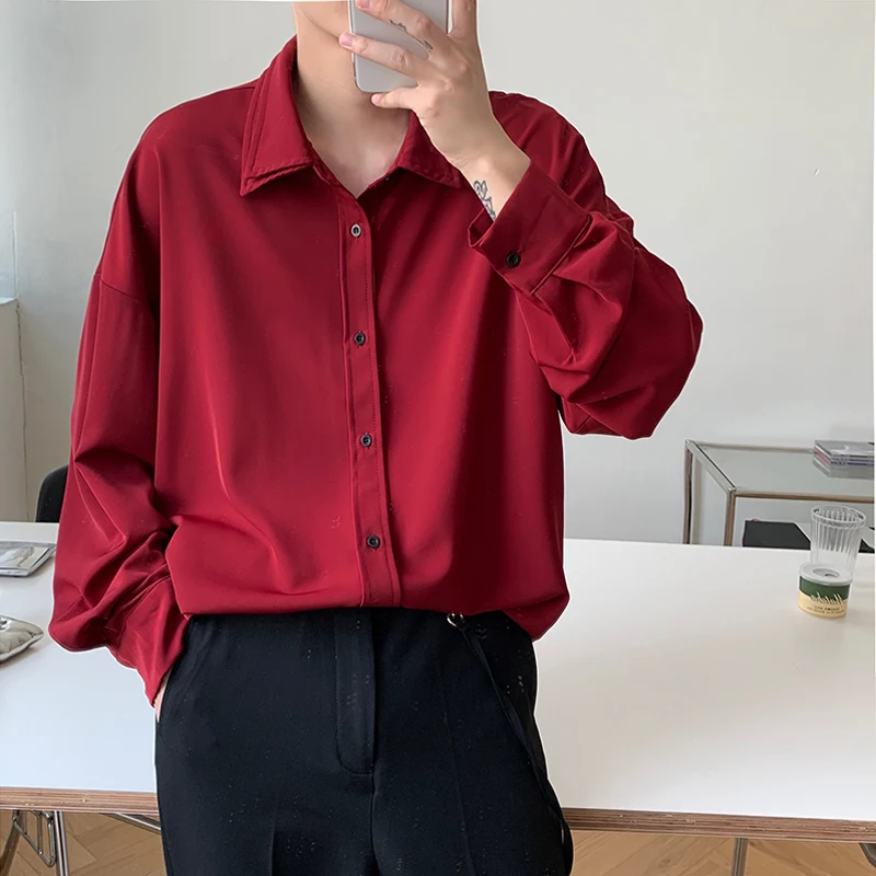 

Long sleeve shirt men Double Collar Ice Silk Shirt Men Vintage Wine Red Shirts Men Korean Comfortable Blouse Casual Loose Shirt