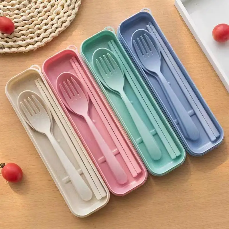 

Makaron Wheat Straw Portable Tableware Box Three-piece Set Children's Outdoor Travel Picnic Spoon Fork Chopsticks