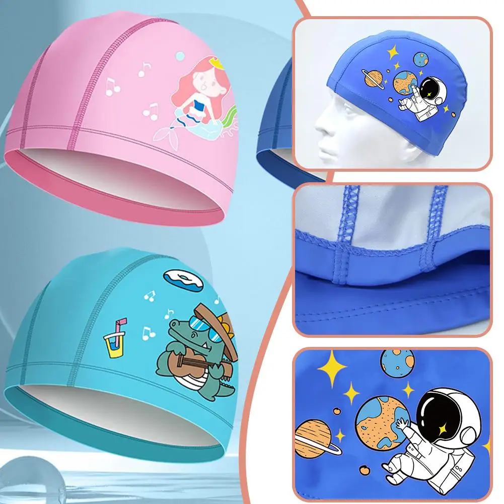 Pu Fabric Kids Swimming Cap Elastic Turban Swimming Cap For Boys Girls Stretchable Comfortable Pool Bathing Hats K3i7 2