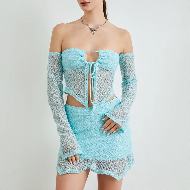 Hirigin 여성 섹시한 크로 셰 뜨개질 니트 스커트 2PCS 세트 중공 니트 캐미 하이 웨이스트 Bodycon 미니 스커트 복장 Night Partywear