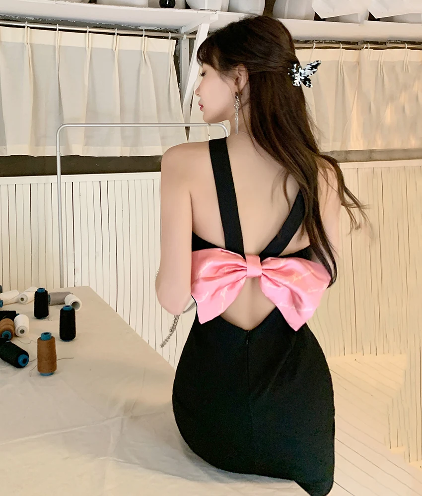 

Summer clothes new sexy bow hanging neck dress backless wipe pleated dress bag hip skirt female mini skirt