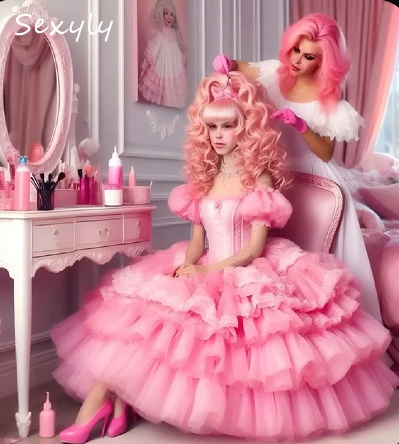 Barbie Pink Costume Prom Dress 2025 Short Sleeve Tiered Tulle