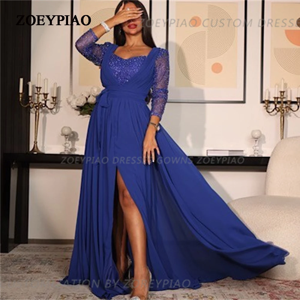 

Royal Blue Shiny Sequins Front Slit Party Dresses Floor Length Sweetheart A Line Reception Dress Guest Gown Formal Vestidos