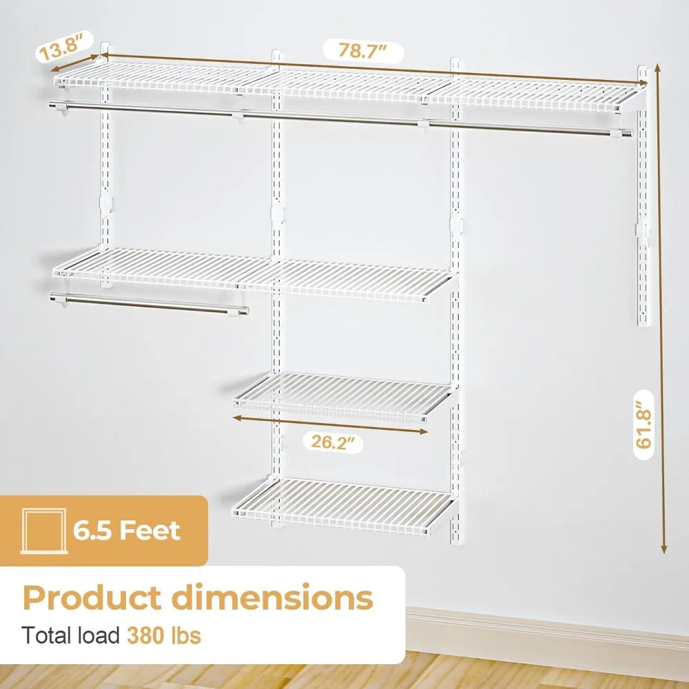 wire closet organizer system, wall mounted 6.5 ft. custom closet kit for bedrooms, adjustable storage shelves for clothes, shoes