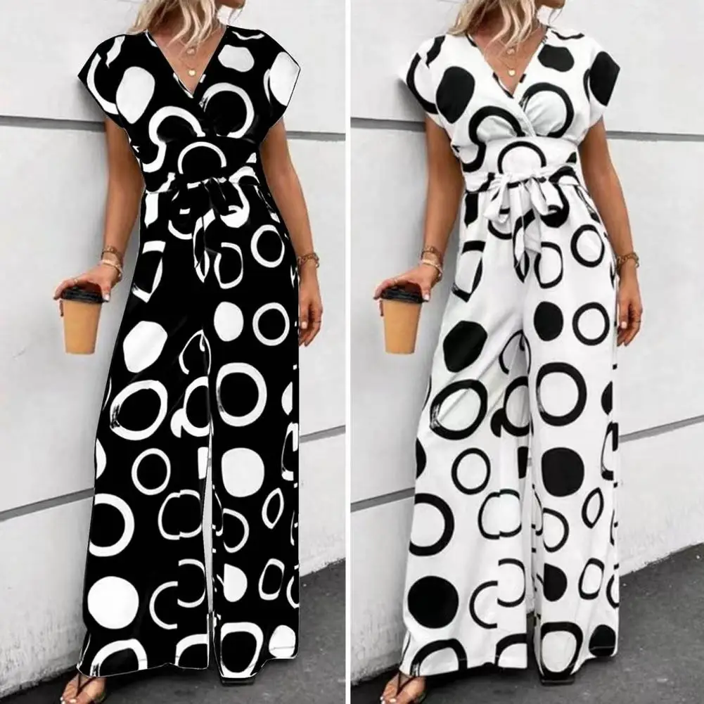 

Color Matching Jumpsuit Stylish Summer Women's Jumpsuit Sleeveless Wide Leg Slim Waist Dot Print Lace-up Belt for Ol Commute