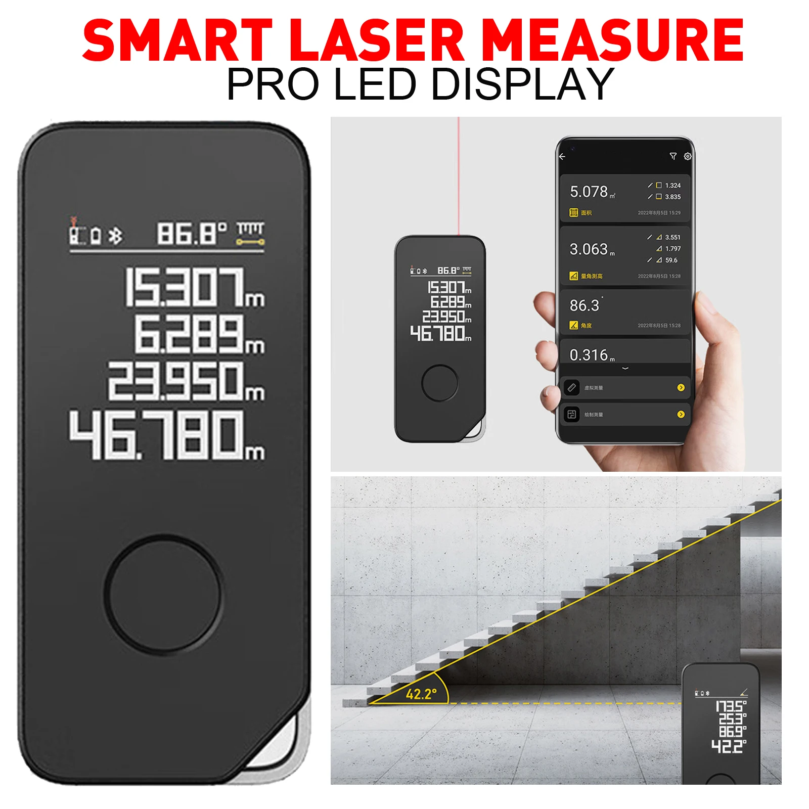 

HOTO Smart Laser Measure Pro LED Display Intelligent Digital Laser Tape Measuring Tool Rechargeable Laser Ruler Rangefinder