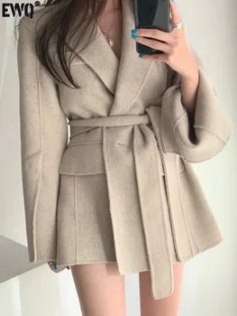 [EWQ] Coreano Chic Manica Lunga Bottone Singolo Design Cappotto di Lana Lace-up Temperamento Donna Cappotti Invernali 2024 Autunno 16O2711 1