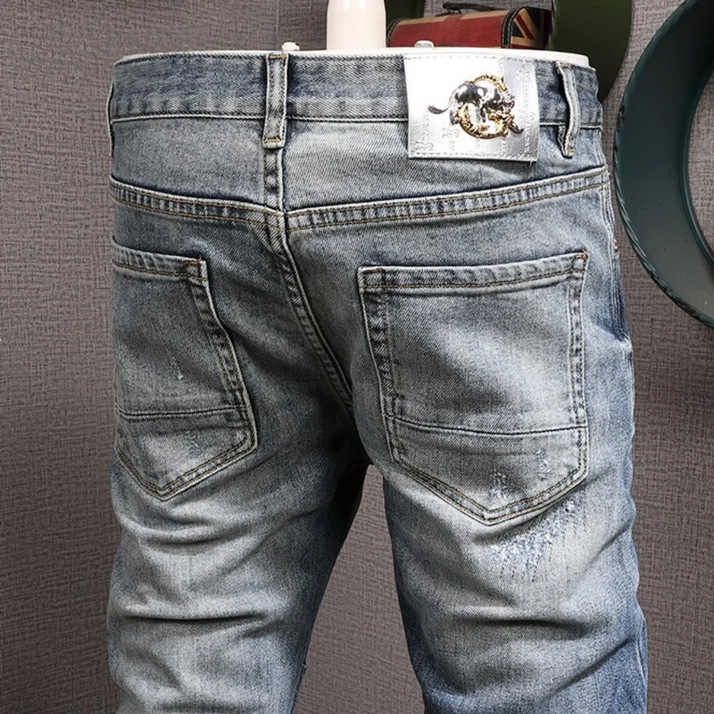 Streetwear Fashion Men Jeans Retro Blue Stretch Slim Fit Ripped Jeans Men Vintage Trousers Patched Designer Hip Hop Pants Hombre