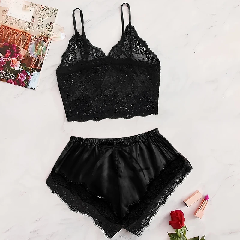 2PCS Women's Satin Pajama Set Lace Cami Top And Shorts Sexy Lingerie Sleepwear Summer Breathable Nightwear Black And Pink_ecoleips.com