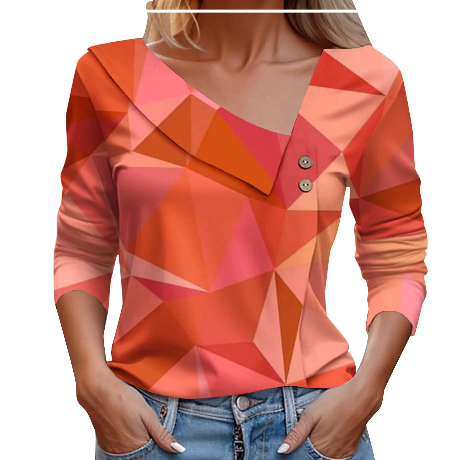 

Women's Loose Printed Long Sleeved T-shirt Autumn Elegant Office Lady Diagonal Collar Casual Tees Women Top S-XXL Blusa Mujer