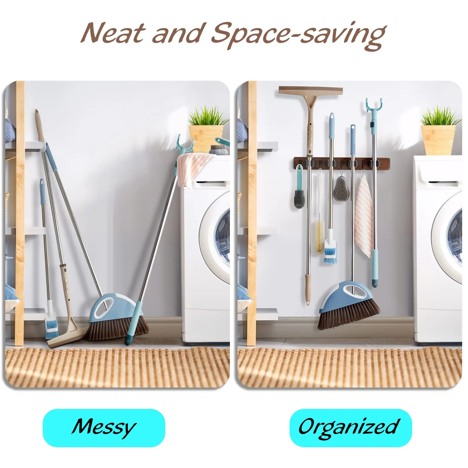 Rustic Wood Broom Mop Holder Hanger Wall Mounted Garden Tool Rack Organizer With 4 Slots 4 Hooks For Garage Laundry Room 3