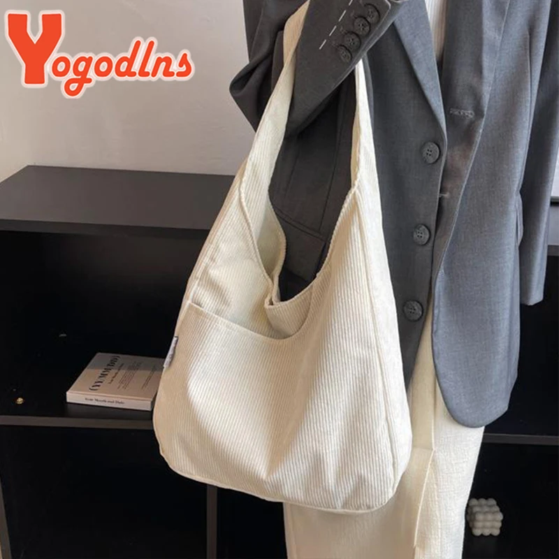 Yogodlns Casual Corduroy Shoulder  Bag for Women Large Capacity Shopping Tote Autumn Winter Top-handle Bag Student Big Handbags