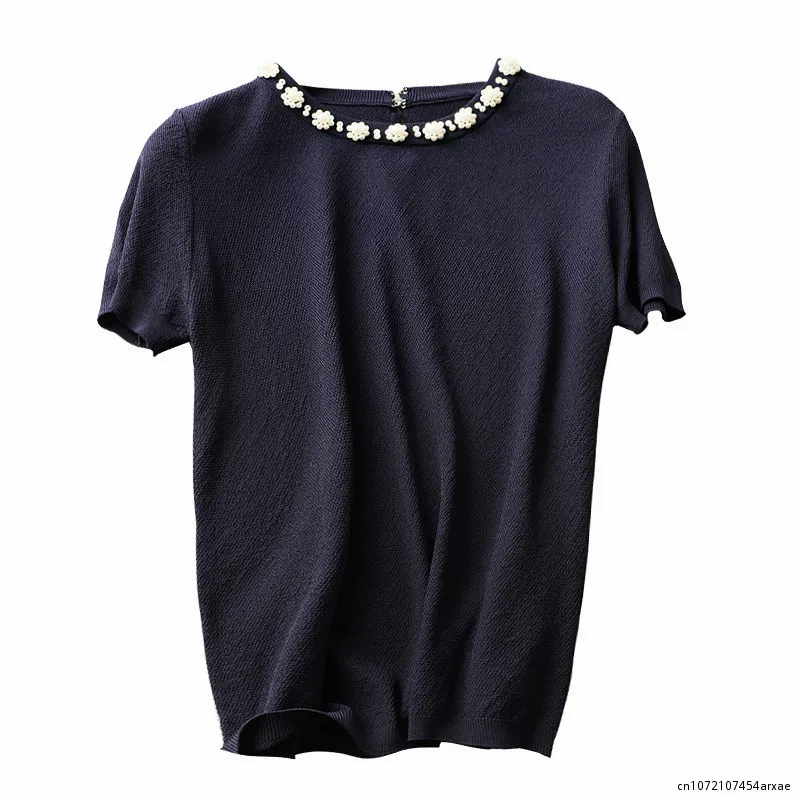 

Knitted shirt for women with short sleeves, spring thin style legant pearl round neck pullover, silk like design, niche top
