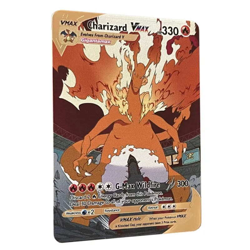 Novo pokemon metal cartão de fogo-respiração dragão ouro vmax