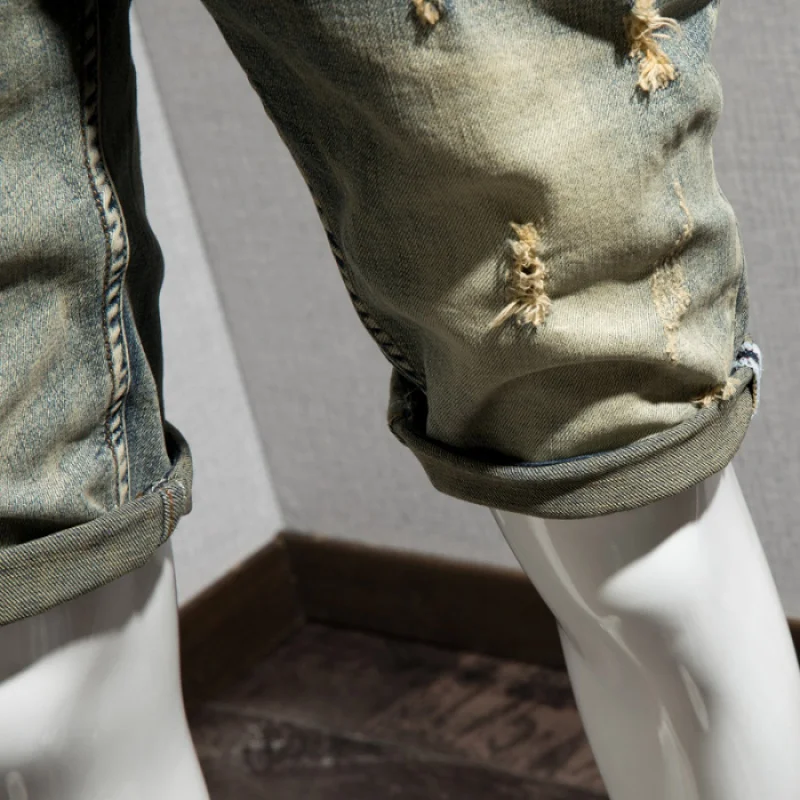 Summer Retro Distressed Stretch Ripped Denim Shorts Men's High-End Street Trend Men's Clothing Slim-Fitting Biker Pirate Shorts