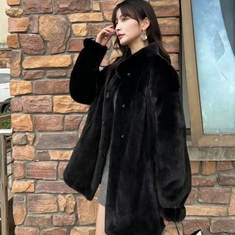 Women Artificial Mink Hair Fur Coat Mid-Length Female Fashion Loose Stand Collar Outcoat Winter New Thicken Warm Casual Outwear