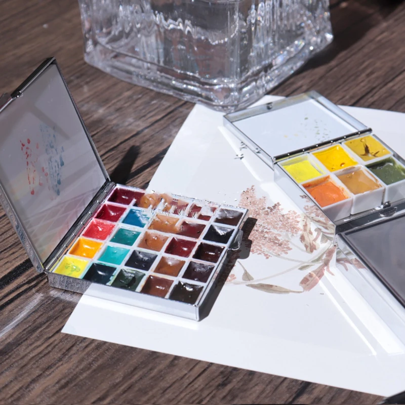 Portable Mini Travel Watercolor Suit Sub-package Paint Box Vintage Exquisite Small Square Box Color Palette Art Tools