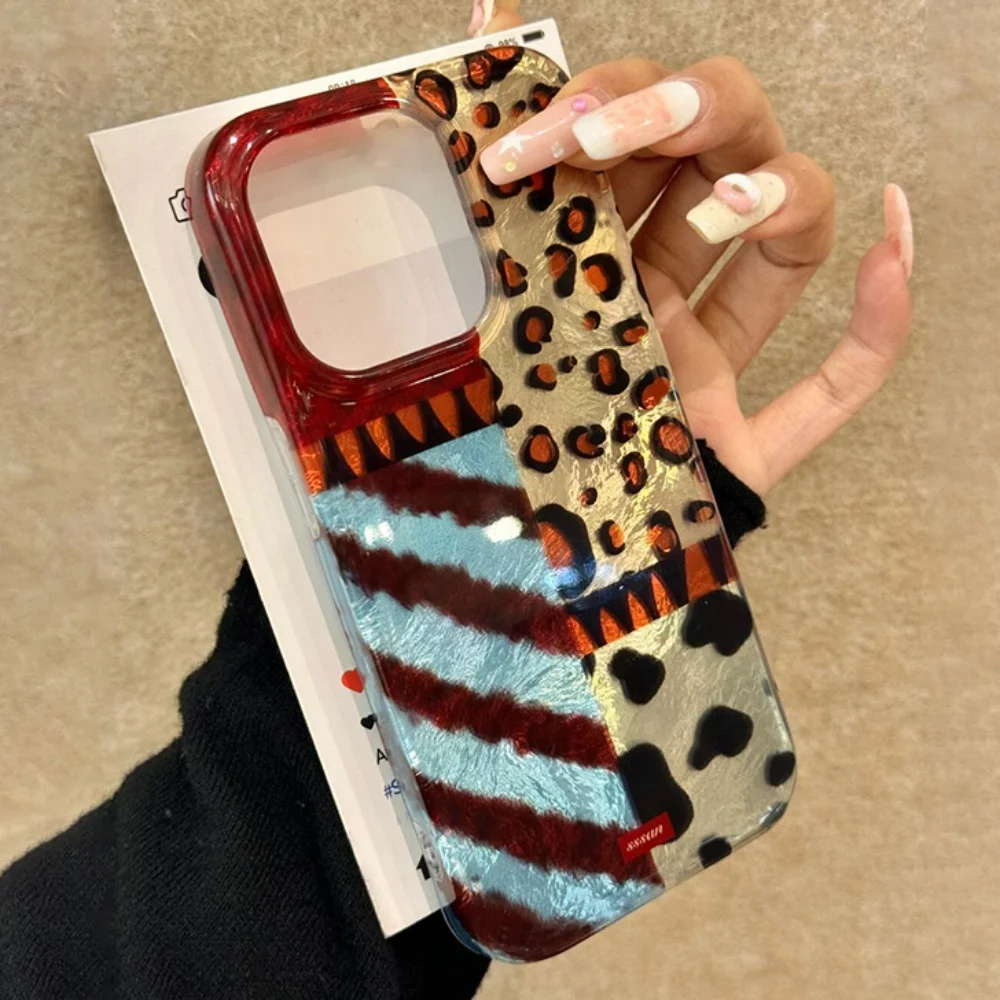 Luxury Laser Y2K Leopard Print Phone Case with Feather Texture