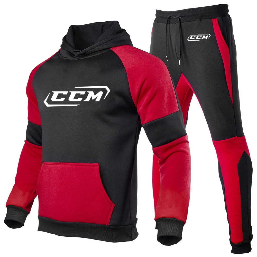 

CCM 2023 Men's New Spring and Autumn Patchwork Tracksuit Hoodie Pullover Tops+Pants Casual Comfortable Two Pieces Suit
