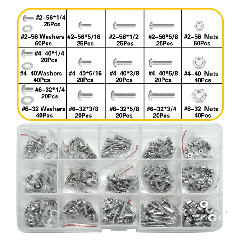 Machine Screw Assortment Kit #6-32 #8-32 #4-40 Phillips Pan Head Bolt and Nut with Flat washer 304 Stainless Steel Bolt set