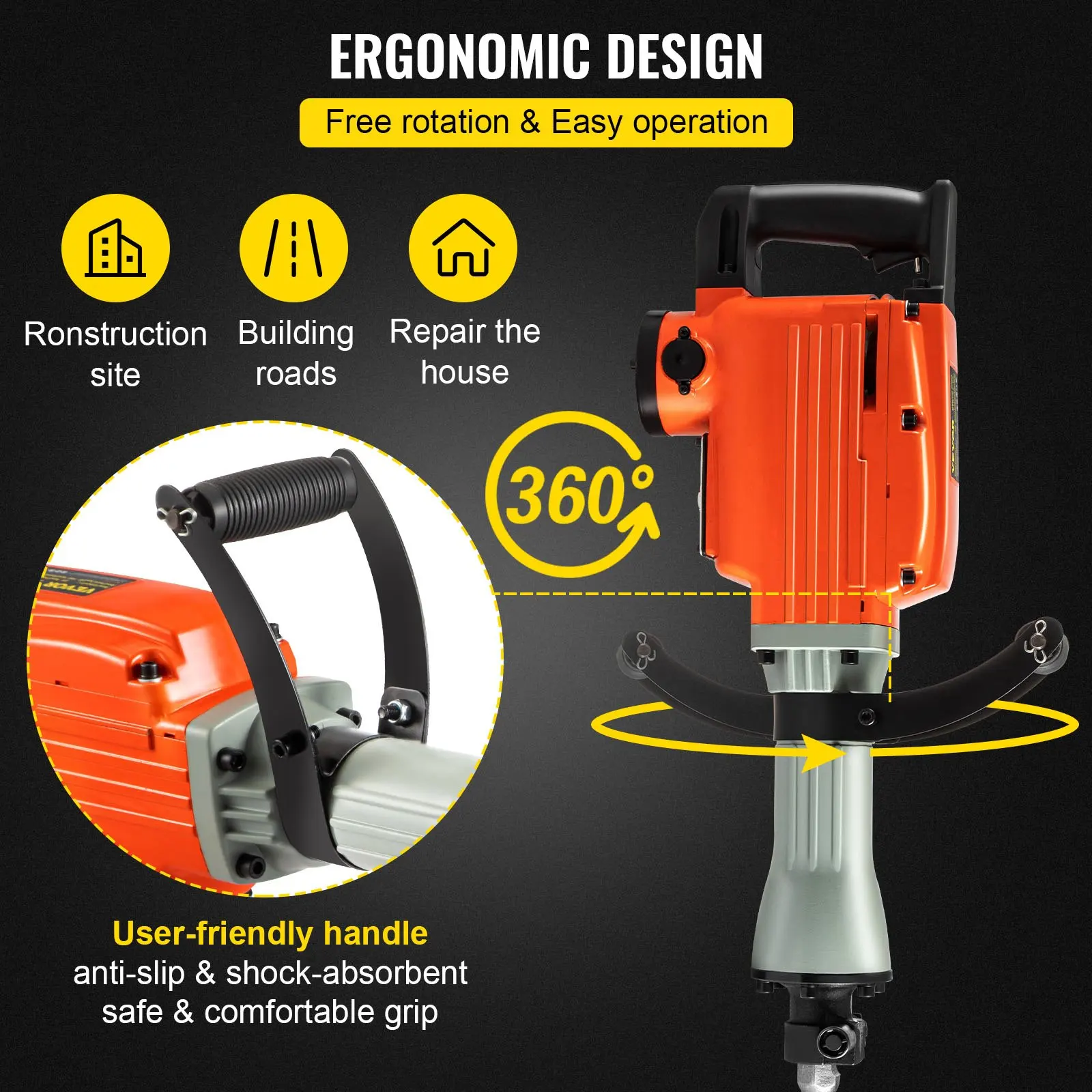 2200W Demolition Electric Jack Hammer Concrete Breaker Power Hammer, Heavy  Duty Concrete Breaker Demolition Drills with Flat Chisel, Bull Point