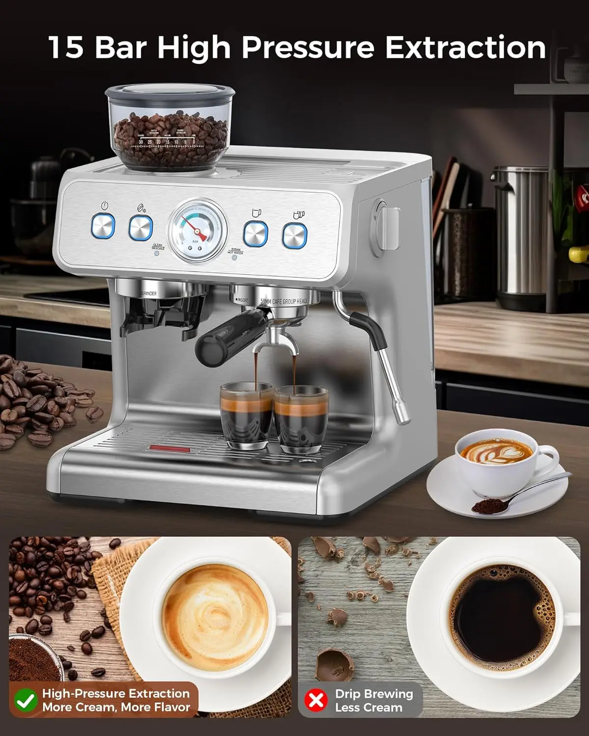 Espresso Machine 15 Bar, Semi-Automatic Espresso Maker with Bean Grinder and Milk Frother Steam Wand 2