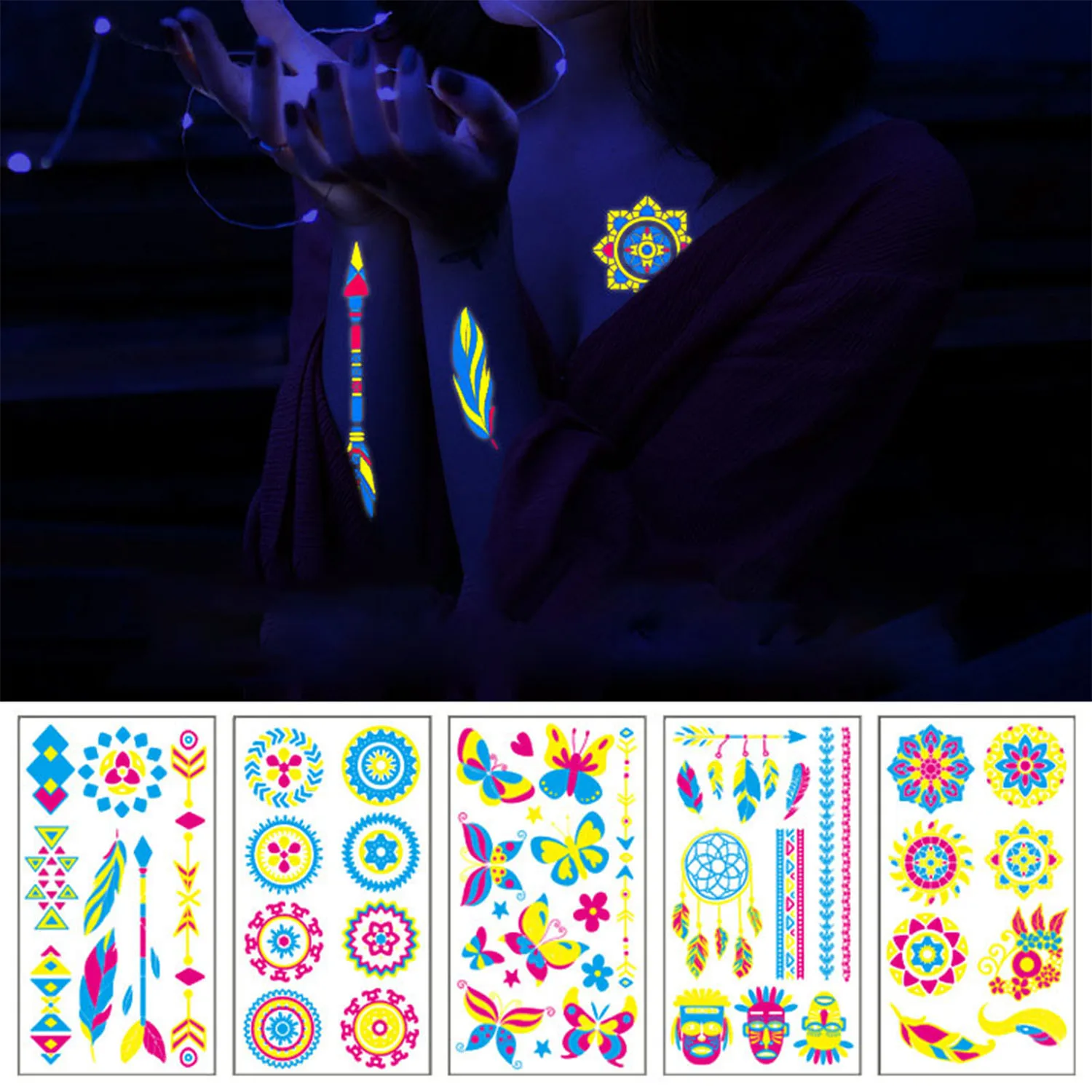 

5 листов неоновых временных татуировок, неоновые наклейки-татуировки, стили, Бабочка, перо, крыло, красочная хна, искусственные водонепроницаемые татуировки