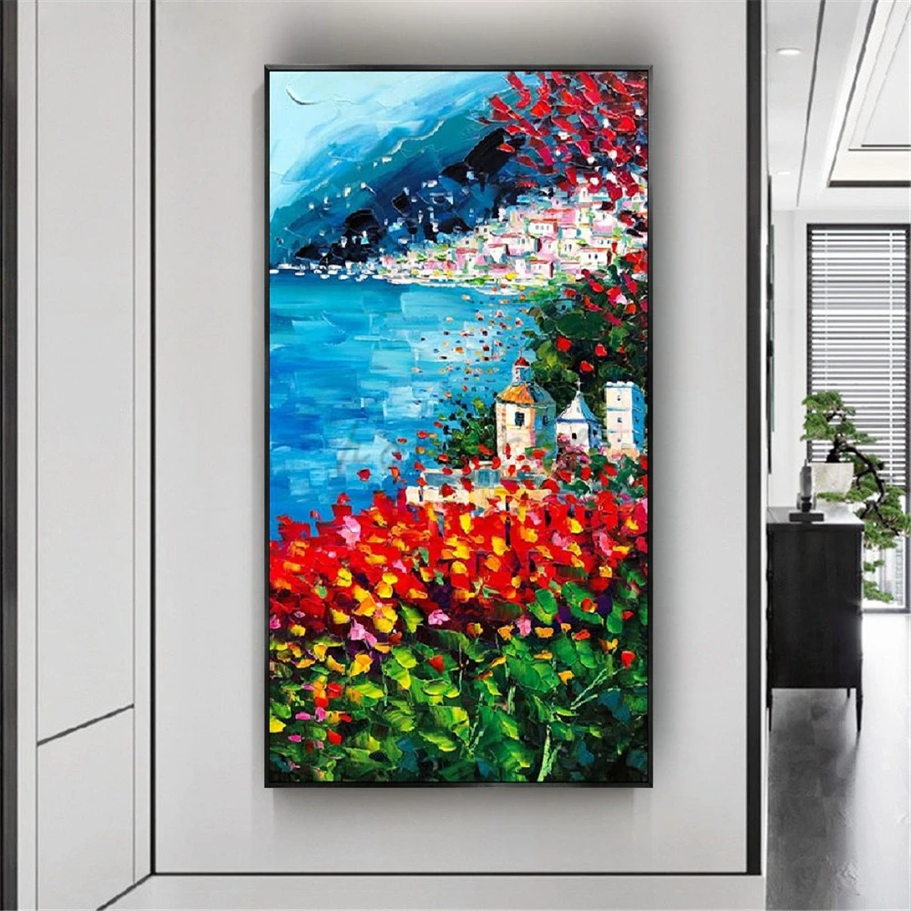 

Mediterranean Style Interior Decor Wall Painting Garden And Sea Blue Theme Wall Art Picture Pure Handmade Abstract Oil Paintings