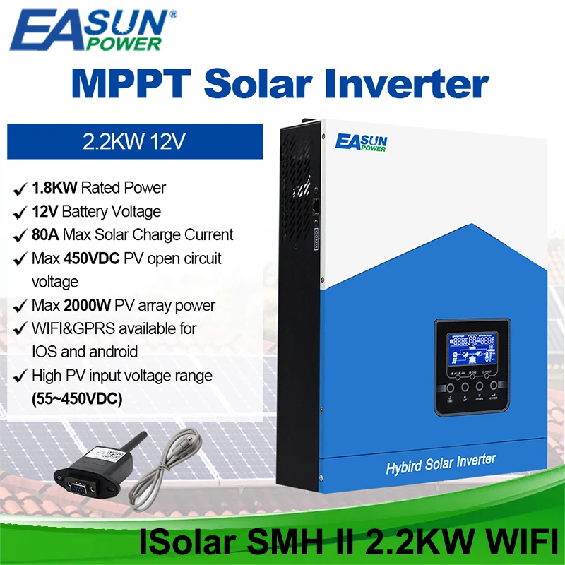 Easun Hybrid Solar Inverter 12V 2.2Kw Inverter A Onda Sinusoidale Pura Off Grid Build In 80A Mppt Charger 220V Max Pv 450V Supporto Wifi