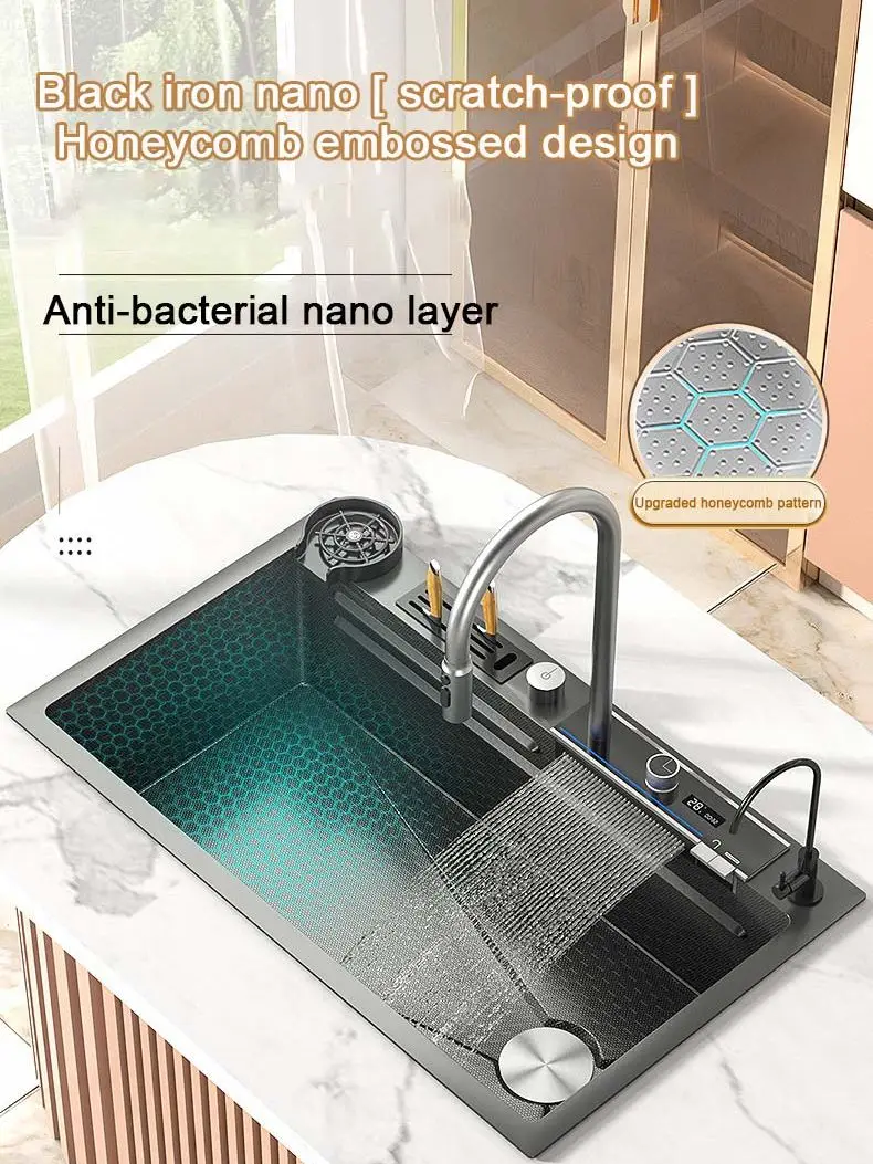 

Digital Display Waterfall Sink Embossed Stainless Steel Kitchen Sink Large Single Bowl Black Washbasin with Kitchen faucet