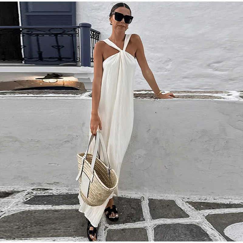 Elegant Solid Halter Women Long Dress Sleeveless Backless Female Maxi Dress Spring Summer New Fashion Lady High Street Robe
