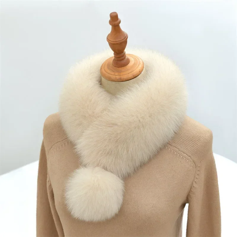 New Women Fur Winter Scarf Short Thick Plush Fluffy Cute Scarf with Big Pompom Winter Fur Collar Solid Color Neckerchief 2