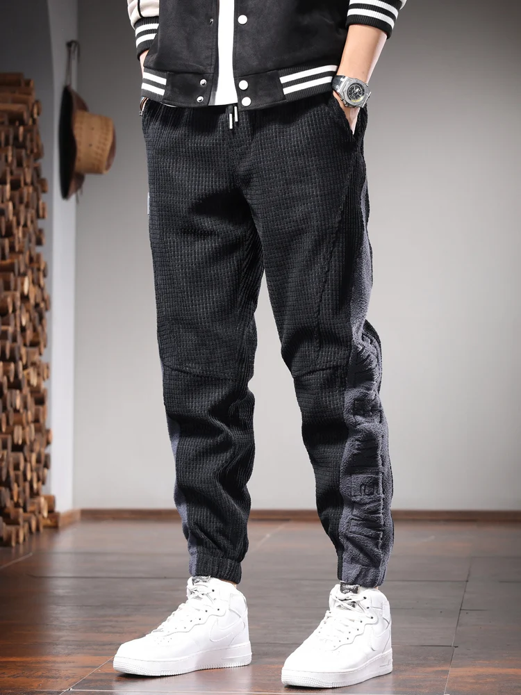 Autumn Corduroy Pants Men Casual Black Loose Harem Pants Fashion Side Stripe Sweatpants Elastic Waist Drawstring Jogger Trousers