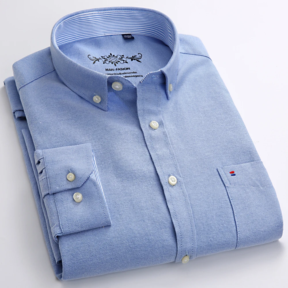 Men's Regular-Fit Long-Sleeve Sturdy Oxford Tops Shirt Plaid Stripe Embroidered Pocket Button-down Casual Versatile Dress Shirts