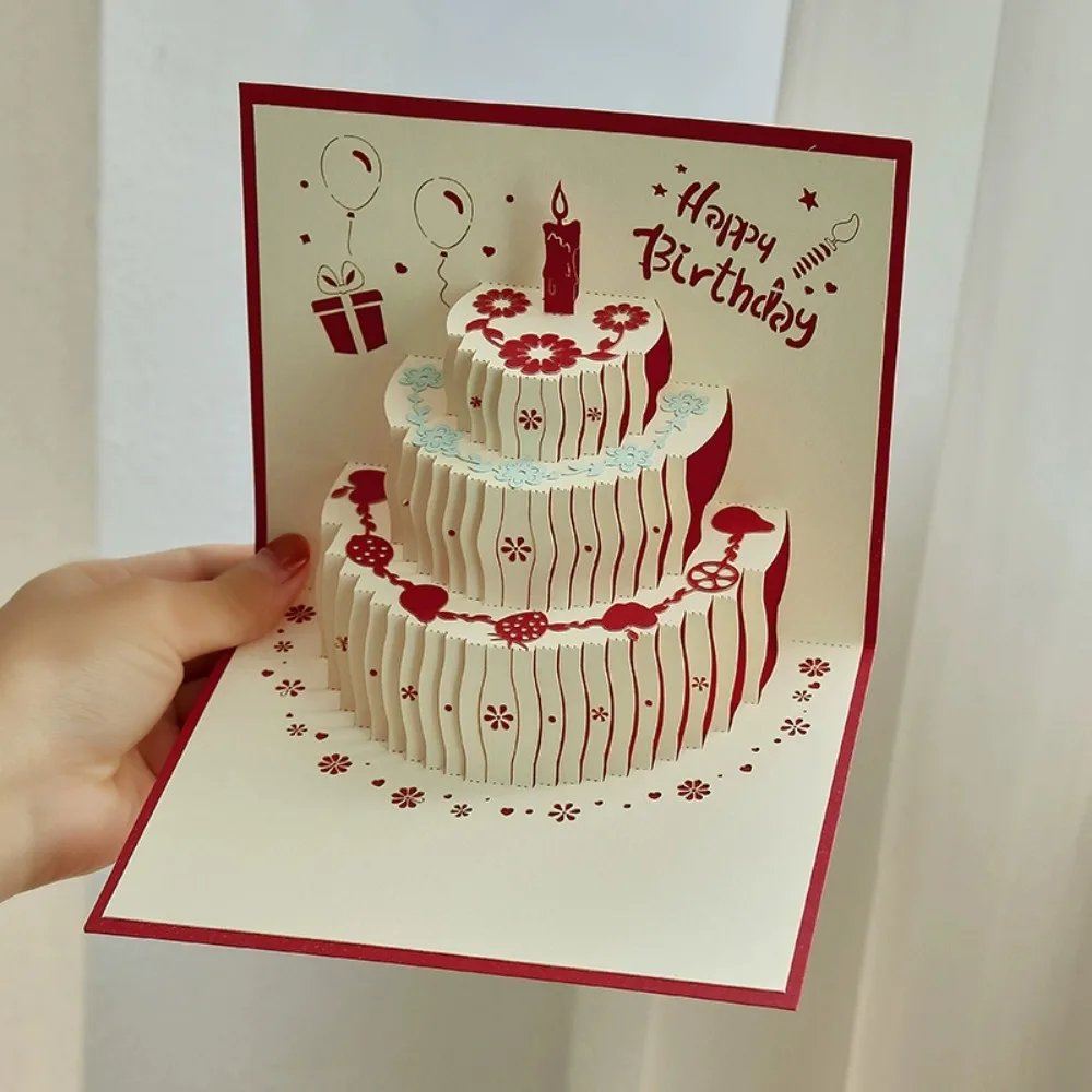 3D Musical Birthday Cake Card LED Light Pop-Up Greeting Cards with Envelope for All Occasion Girl Kid Wife Postcards greeting cards