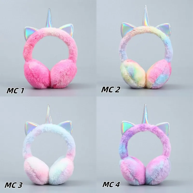 Children Unicorn Warm Earflap Colorful Soft Plush Fluffy Cat Ears Earmuffs Kids Winter Outdoor Cycling Ski Snow Tie-dye Headwear