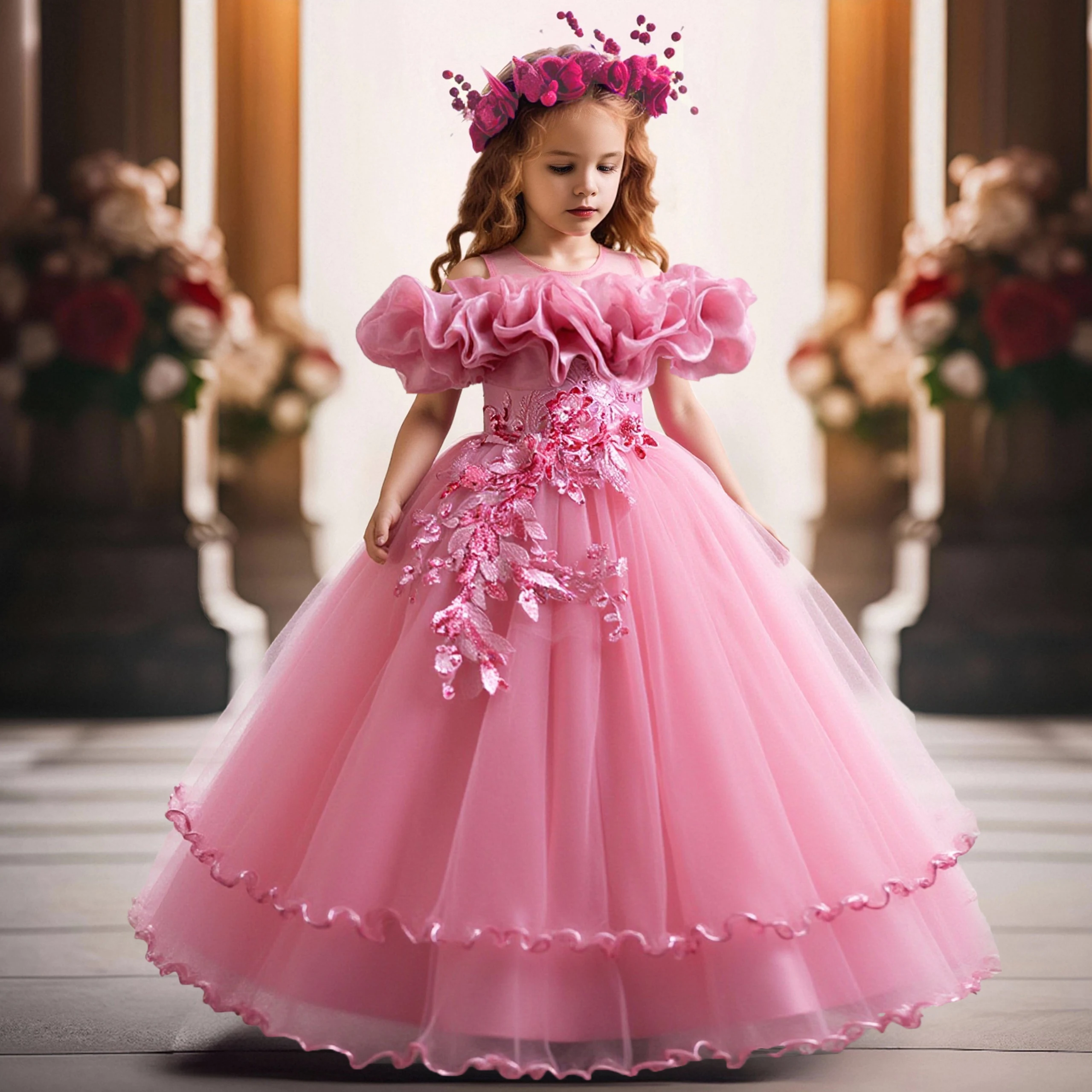 Elegant Pink Flower Girls Party Dress - Bridesmaid Ball Gown & Princess Dress