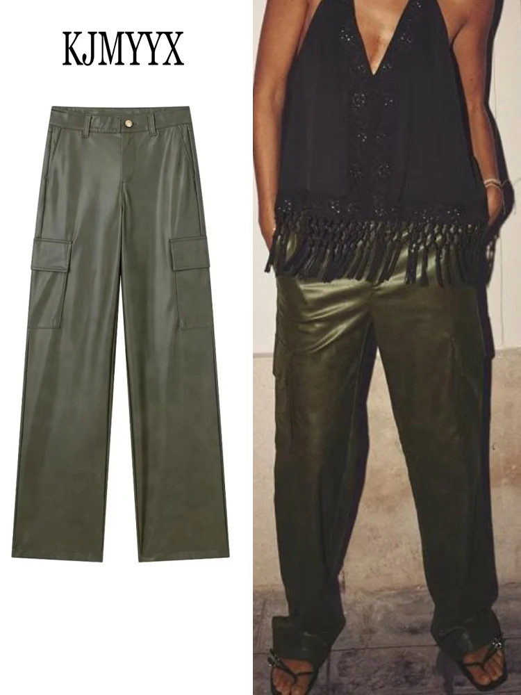 

KJMYYX 2023 Women's Fashion Faux Leather Long Pants Spring Autumn Female Vintage High Waist Cargo Pants Casual Solid ​Trousers