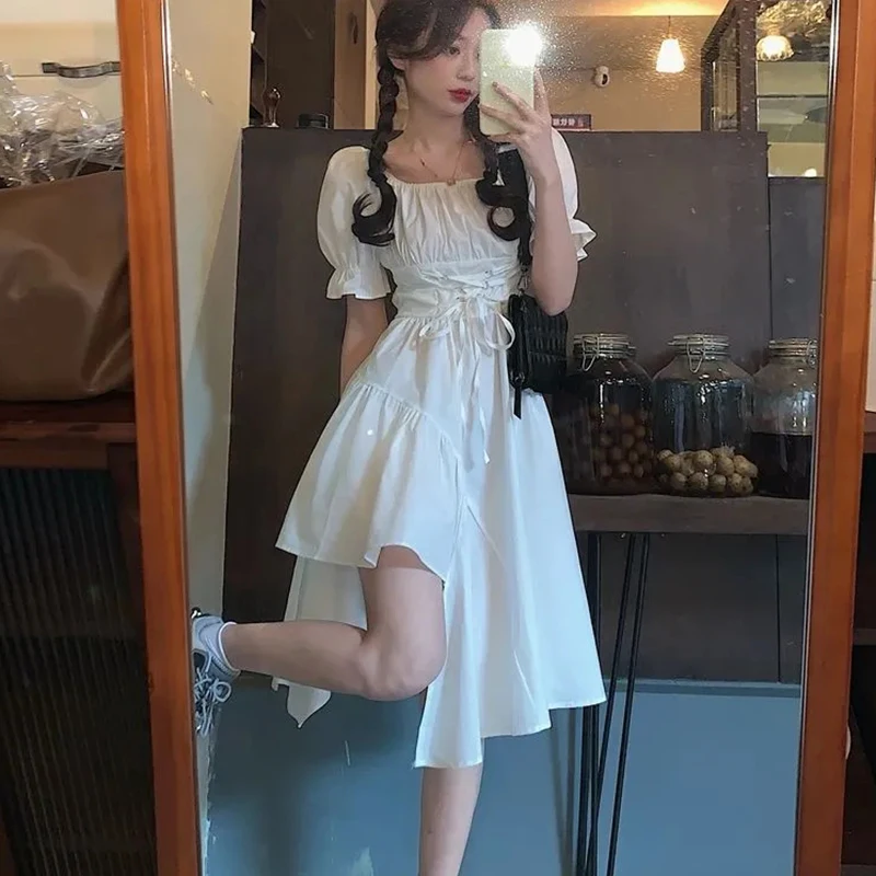 ZOKI 여성 언밸런스 퍼프 소매 원피스, 한국 하라주쿠 레이스업 원피스 패션, 시크한 프레피 스타일, A라인 하이웨이스트, 여름