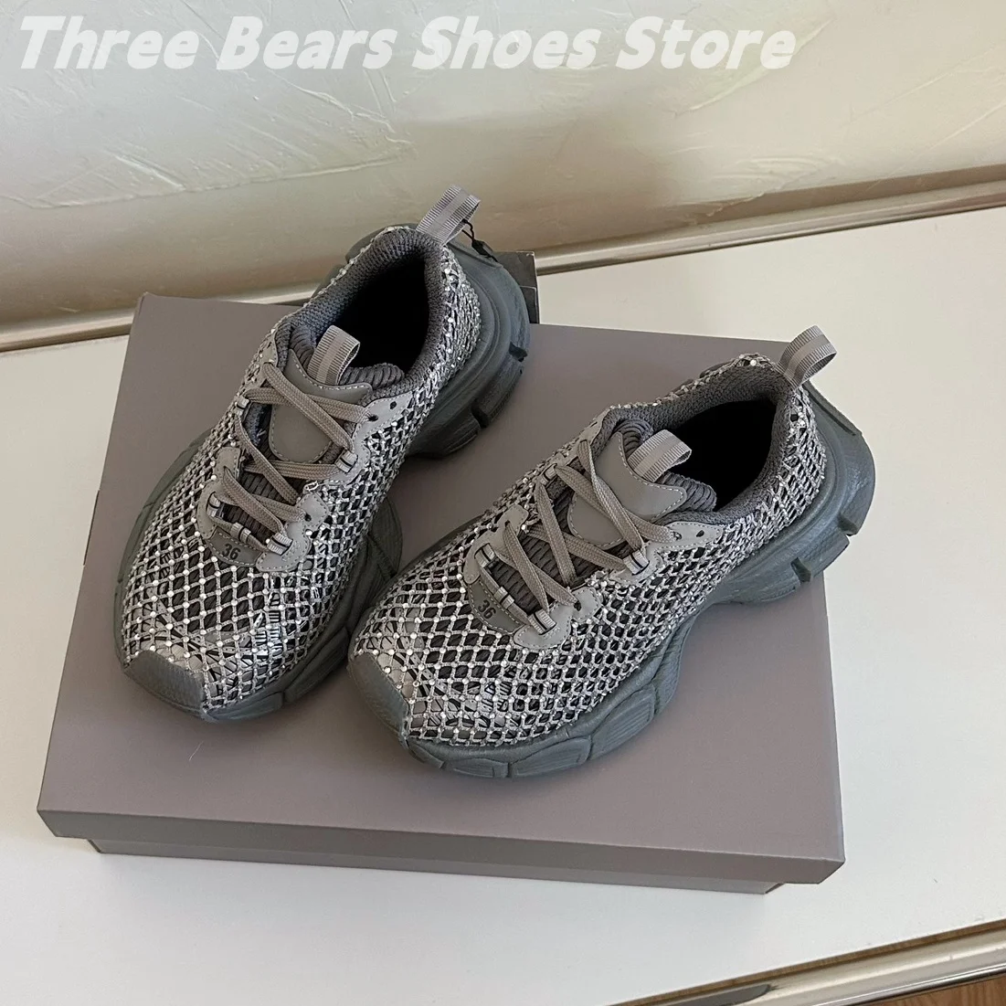 Novelty Mesh Hollow Crystal Patchwork Round-Toes Woman Sneakers Mixed Colors Lace-Up Anti-Slip Platform Heels Zapatillas 35-44 5