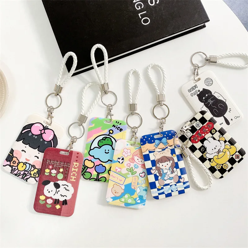 2pcs Cute Cartoon Slide Card Case with Hide Rope Fashion Star Kpop Idol Photocard Holder Office ABS ID Holder