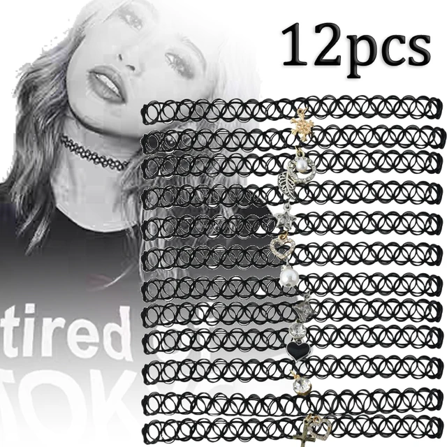 12Pcs Vintage Neck Tattoo Choker Elastic Women Necklace Punk Tattoo Choker  Stretch Necklace Jewelry Girls Chokers