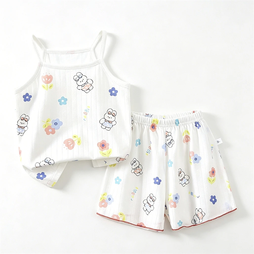 Girls Sleepwear Suits Sling+Shorts 2Piece Set Full Print Sleeveless Tops Thin Loose Pajamas Infant New Cute Summer Home Wear - 2