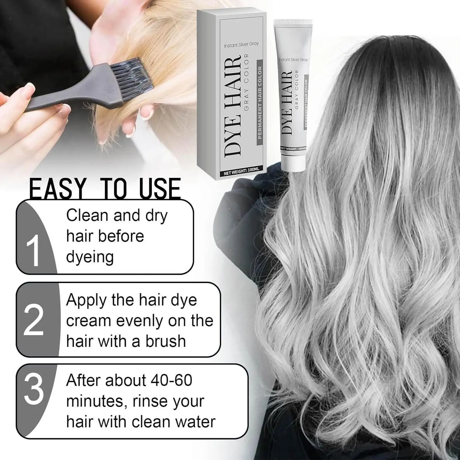 Tinta per capelli grigia unisex permanente, colore grigio argento, crema colorante a lunga durata, nutriente e naturale, per acconciature in stile punk. - immagine 3