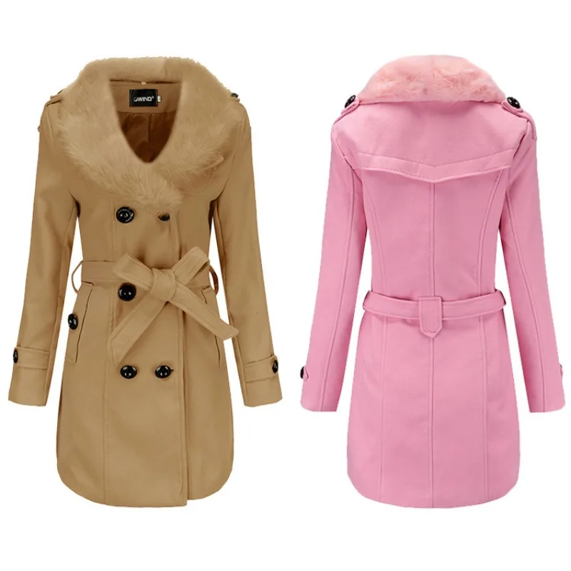 Winter Women Fashion Big Fur Collar Double-Sided Woolen Coat Female Long Double-breasted Slim Fit Large Size Pure Color Outwear